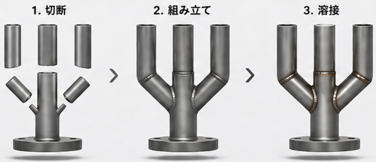 分岐管を切断し、位置を合わせて組み立て、複数箇所を溶接する従来工法の工程